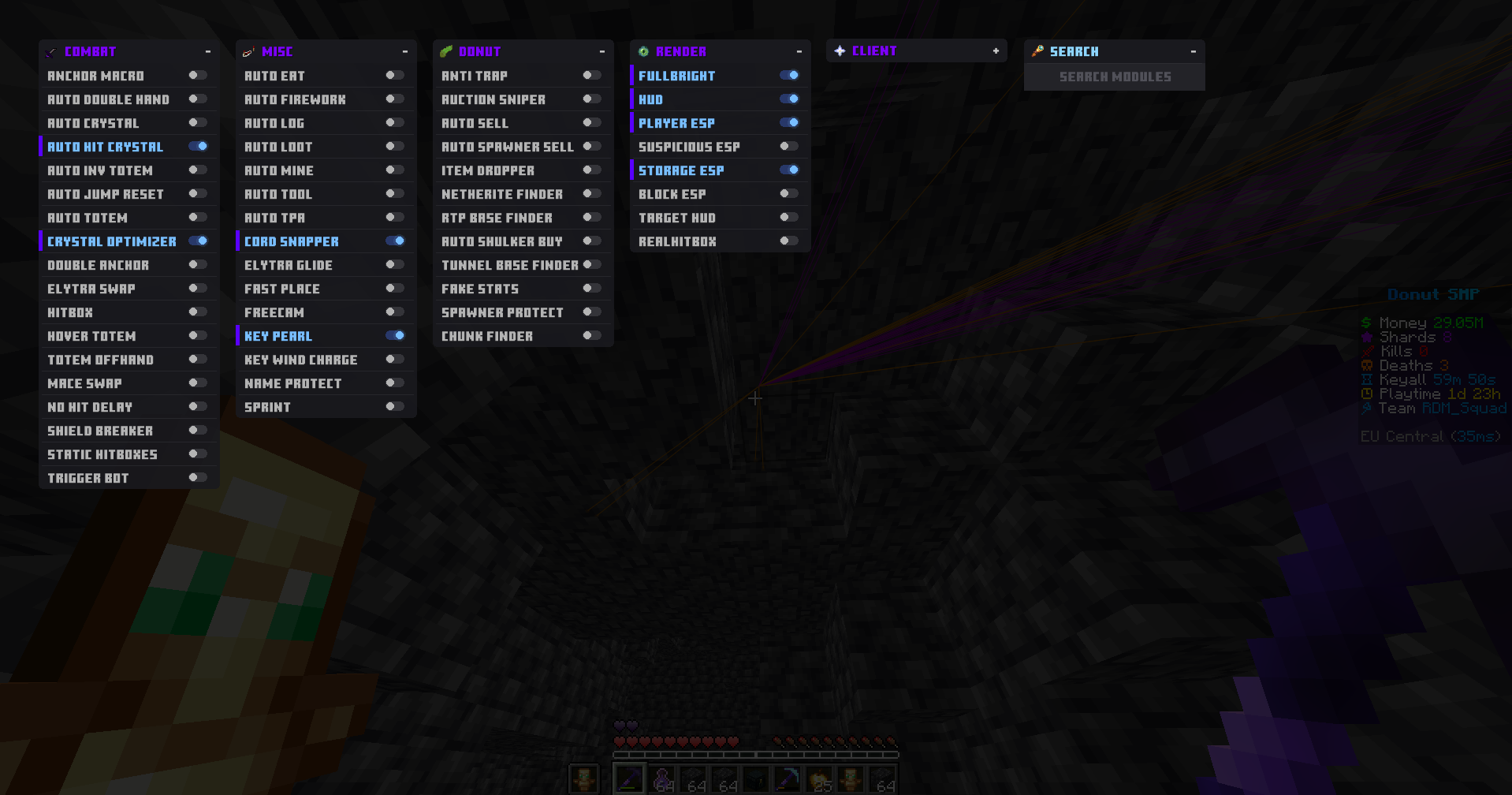 DrAyriAddons in-game HUD overlay on Minecraft 1.21