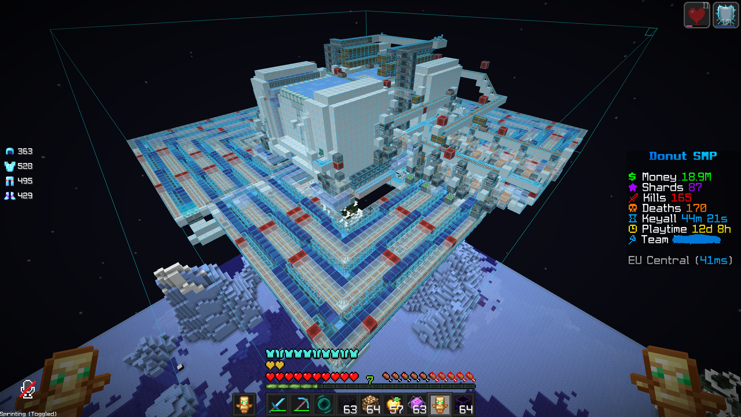 EasyPlace auto-building a Minecraft schematic on Donut SMP